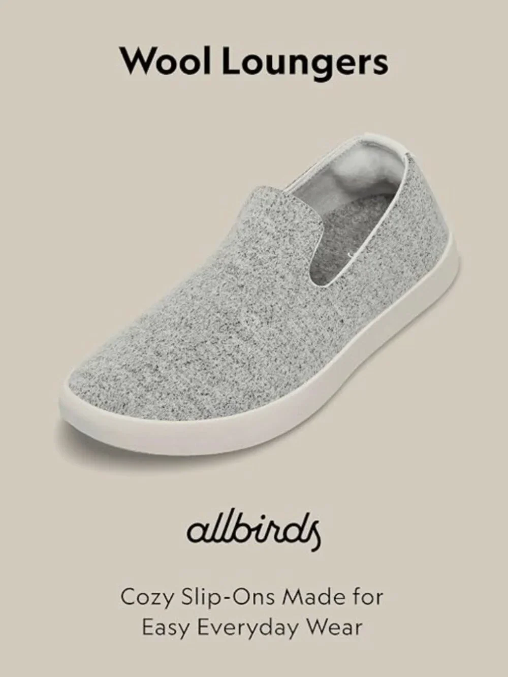 Allbirds Men's Wool Lounger, Everyday Slip-On Sneakers, Light Gray